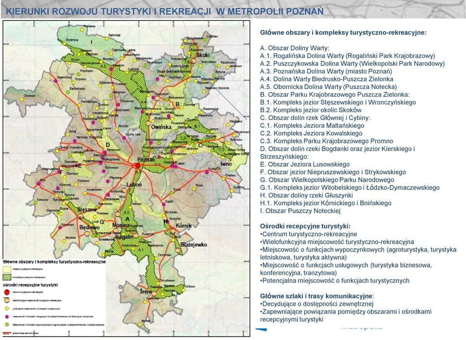 Obszar Parku Krajobrazowego Puszcza Zielonka: B.1. Kompleks jezior Stęszewskiego i Wronczyńskiego B.2. Kompleks jezior okolic Skoków C. Obszar dolin rzek Głównej i Cybiny: C.1. Kompleks Jeziora Maltańskiego C.