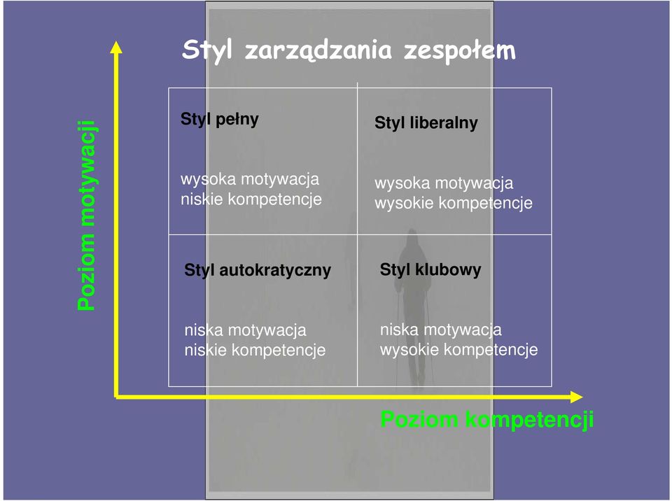 niskie kompetencje Styl liberalny wysoka motywacja wysokie