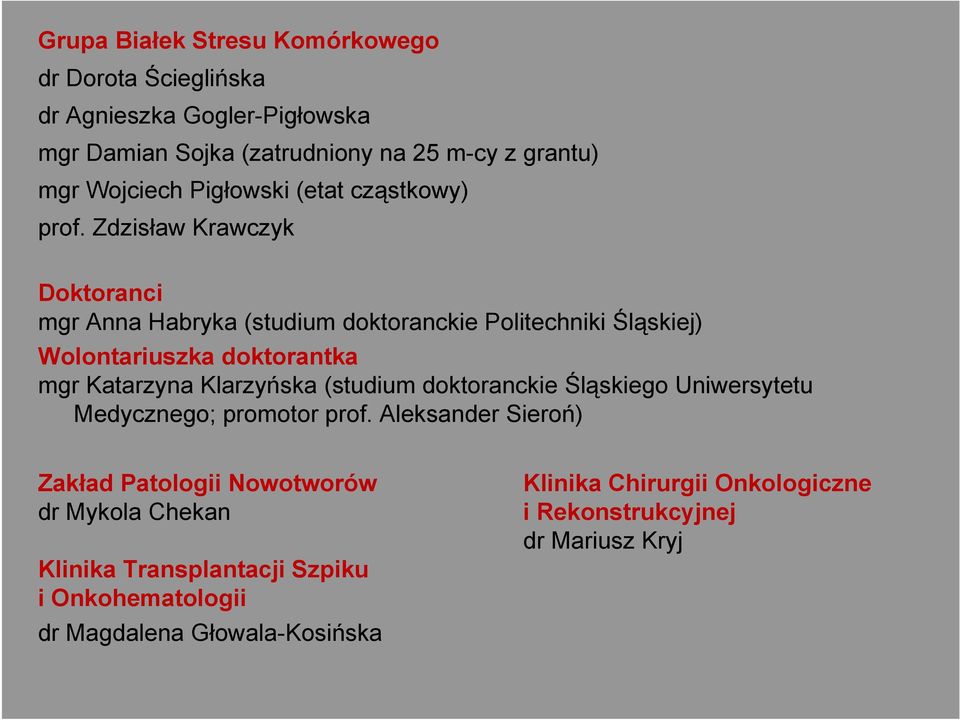 Zdzisław Krawczyk Doktoranci mgr Anna Habryka (studium doktoranckie Politechniki Śląskiej) Wolontariuszka doktorantka mgr Katarzyna Klarzyńska