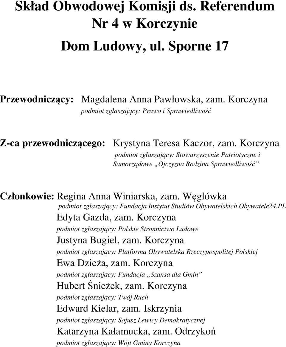 Korczyna podmiot zgłaszający: Stowarzyszenie Patriotyczne i Samorządowe Ojczyzna Członkowie: Regina Anna Winiarska, zam.