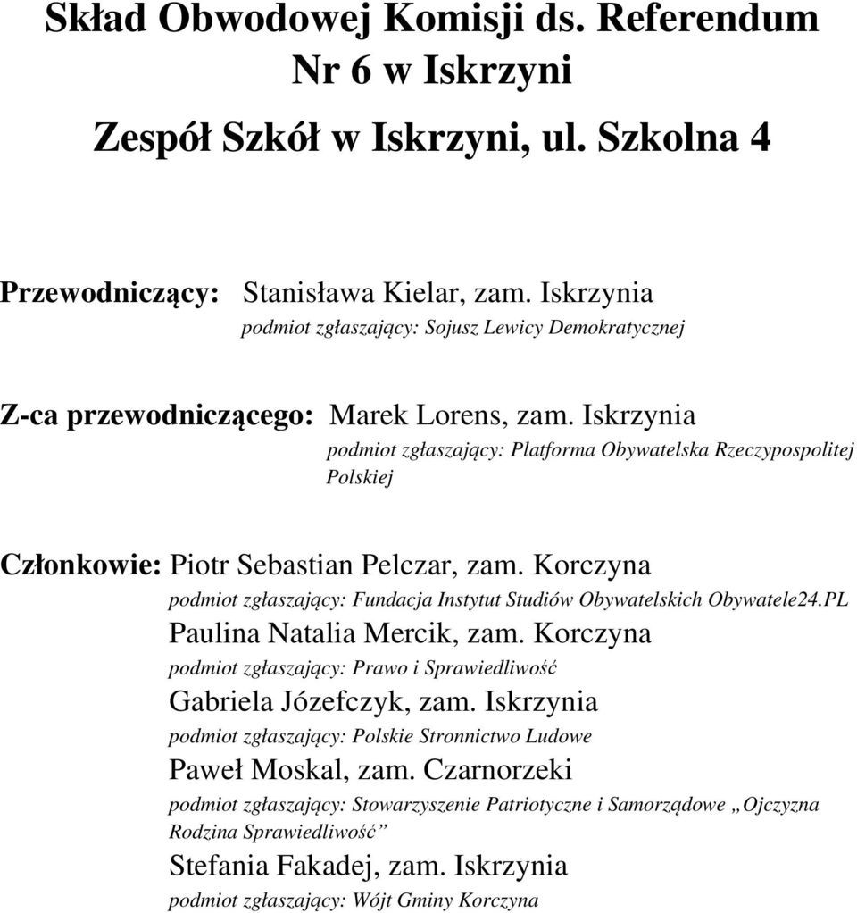 Iskrzynia podmiot zgłaszający: Platforma Obywatelska Rzeczypospolitej Polskiej Członkowie: Piotr