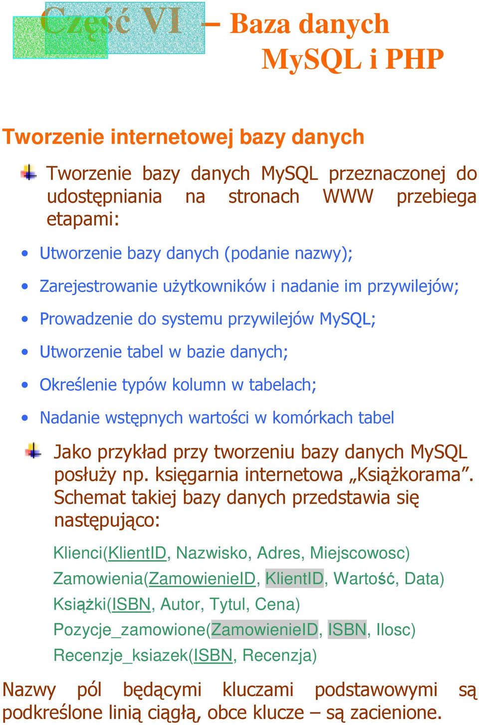 tworzeniu bazy danych MySQL posłuŝy np. księgarnia internetowa KsiąŜkorama.