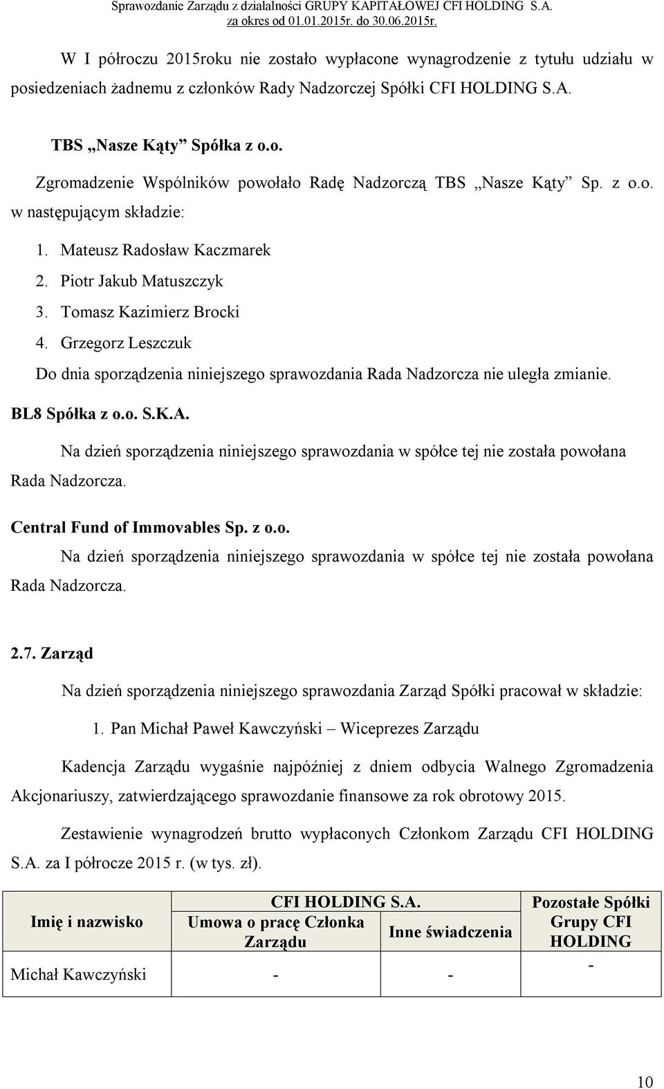 Grzegorz Leszczuk Do dnia sporządzenia niniejszego sprawozdania Rada Nadzorcza nie uległa zmianie. BL8 Spółka z o.o. S.K.A.