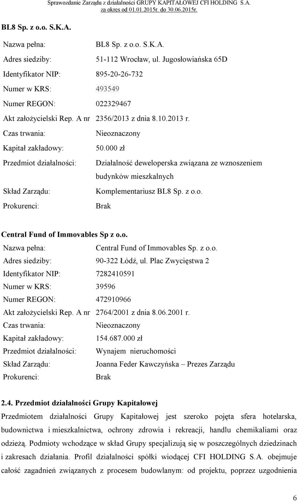 Czas trwania: Kapitał zakładowy: Przedmiot działalności: Skład Zarządu: Prokurenci: Nieoznaczony 50.