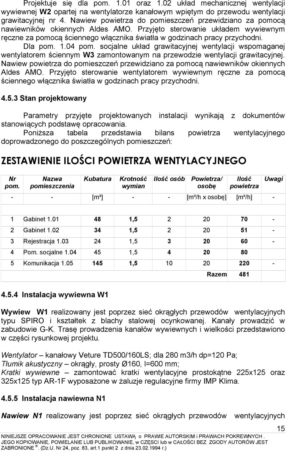 Dla pom. 1.04 pom. socjalne układ grawitacyjnej wentylacji wspomaganej wentylatorem ściennym W3 zamontowanym na przewodzie wentylacji grawitacyjnej.