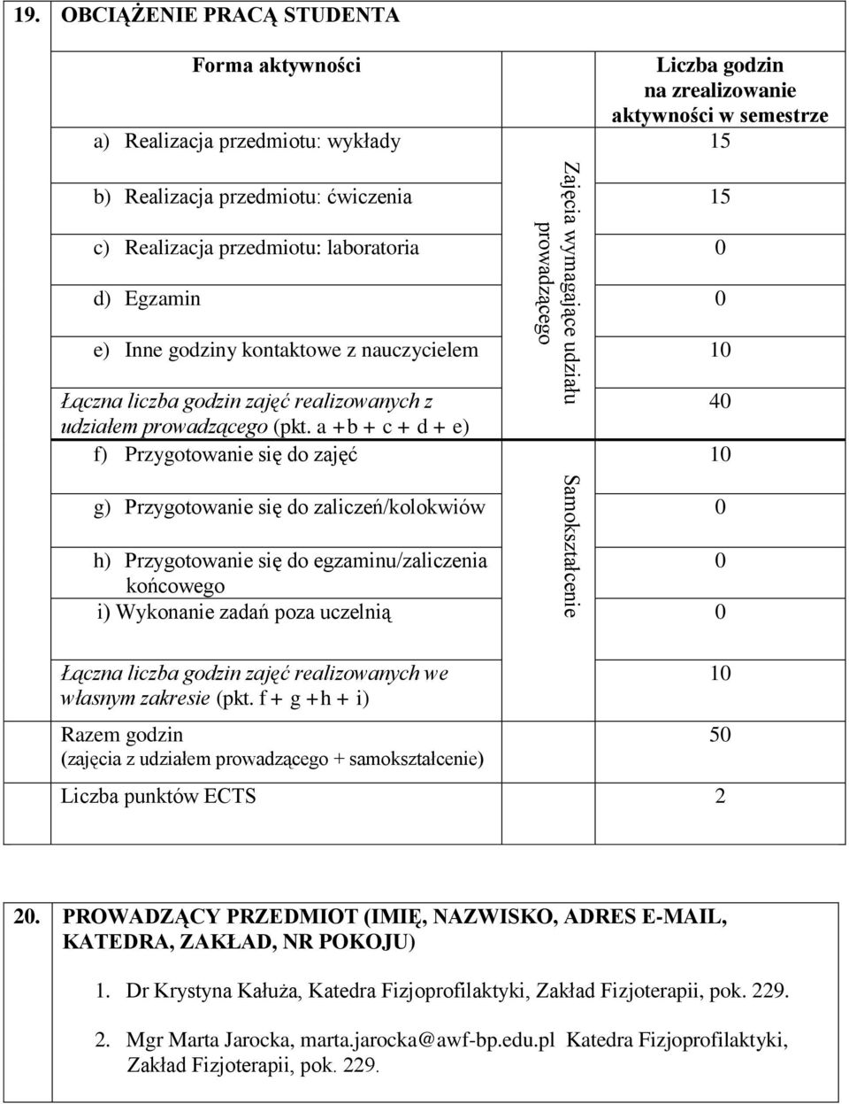 Egzamin 0 e) Inne godziny kontaktowe z nauczycielem 10 Łączna liczba godzin zajęć realizowanych z udziałem prowadzącego (pkt.