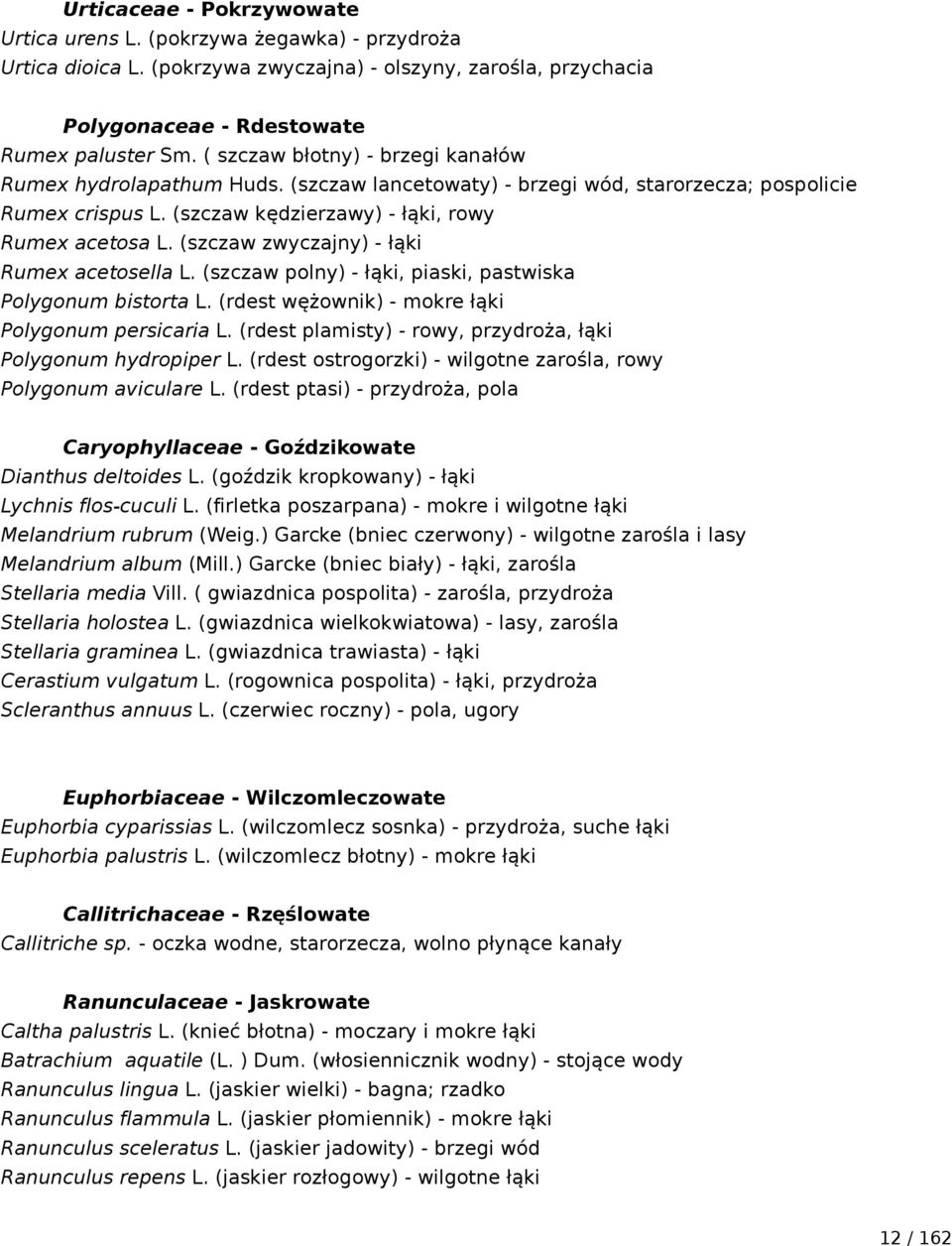(szczaw zwyczajny) - łąki Rumex acetosella L. (szczaw polny) - łąki, piaski, pastwiska Polygonum bistorta L. (rdest wężownik) - mokre łąki Polygonum persicaria L.