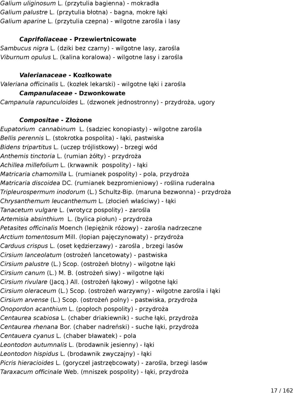 (kalina koralowa) - wilgotne lasy i zarośla Valerianaceae - Kozłkowate Valeriana officinalis L. (kozłek lekarski) - wilgotne łąki i zarośla Campanulaceae - Dzwonkowate Campanula rapunculoides L.