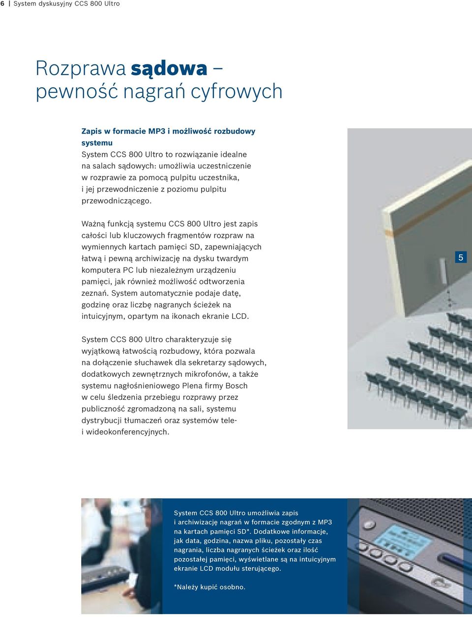 Ważną funkcją systemu CCS 800 Ultro jest zapis całości lub kluczowych fragmentów rozpraw na wymiennych kartach pamięci SD, zapewniających łatwą i pewną archiwizację na dysku twardym komputera PC lub