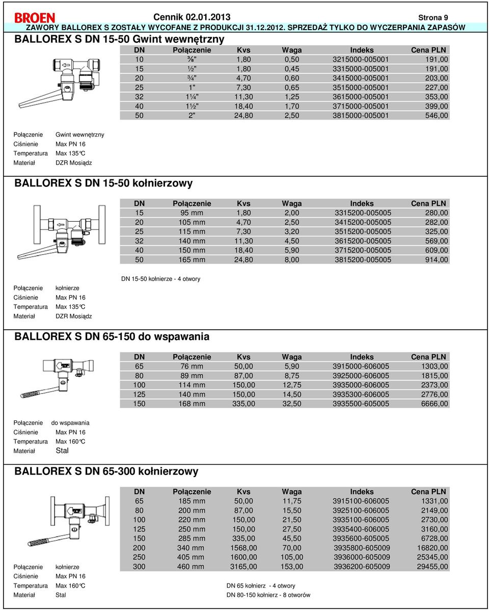 35000-005001 227,00 32 1¼" 11,30 1,25 36000-005001 353,00 40 1½" 18,40 1,70 37000-005001 399,00 50 2" 24,80 2,50 38000-005001 546,00 Gwint wewnętrzny Ciśnienie Max PN 16 Temperatura Max 135 C