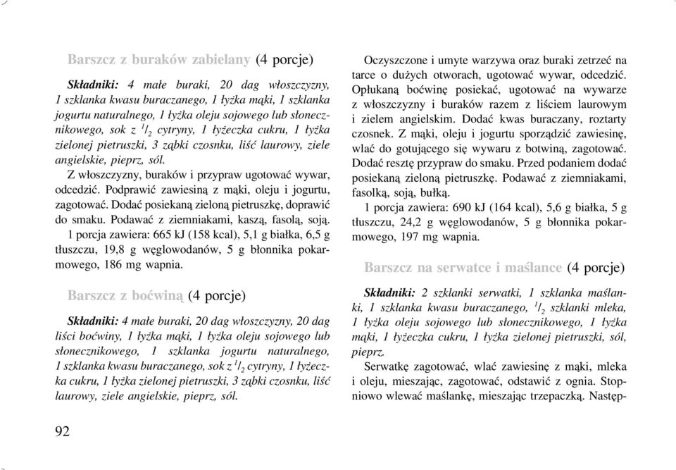 Z włoszczyzny, buraków i przypraw ugotować wywar, odcedzić. Podprawić zawiesiną z mąki, oleju i jogurtu, zagotować.dodaćposiekaną zieloną pietruszkę,doprawić do smaku.