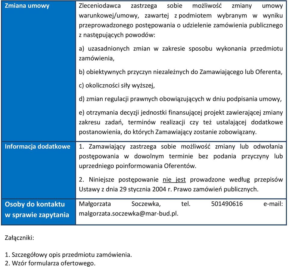 zmian regulacji prawnych obowiązujących w dniu podpisania umowy, e) otrzymania decyzji jednostki finansującej projekt zawierającej zmiany zakresu zadań, terminów realizacji czy też ustalającej