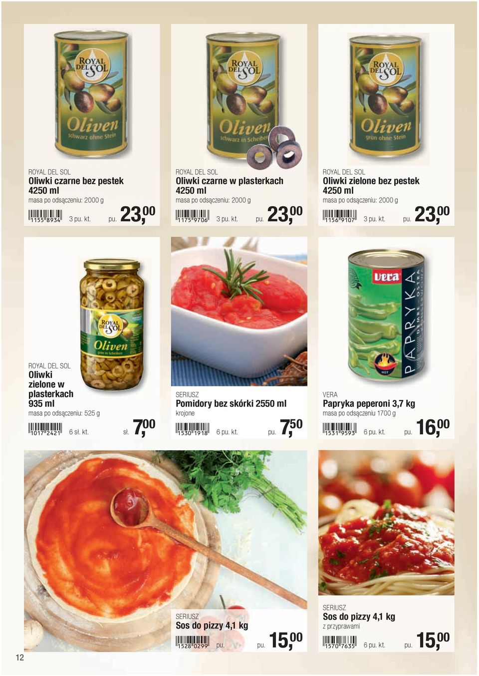 1017-cecb! 6 sł. kt. sł. 7, 00 SERIUSZ Pomidory bez skórki 2550 ml krojone!1530-bjbi! 6 pu. kt. pu. 7, 50 VERA Papryka peperoni 3,7 kg masa po odsączeniu 1700 g!1531-jfjd! 6 pu. kt. pu. 16, 00 12 SERIUSZ Sos do pizzy 4,1 kg!