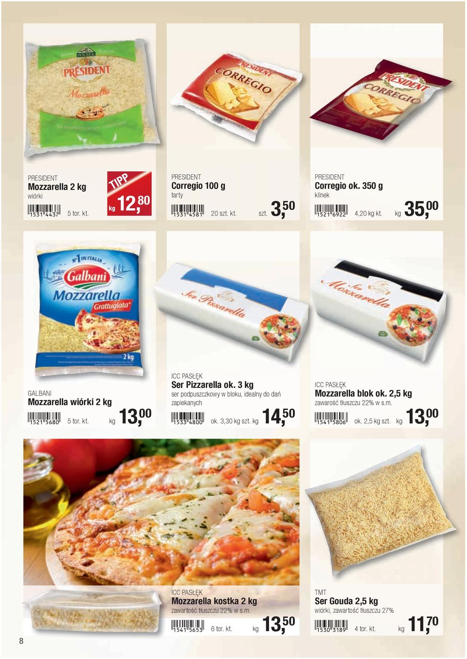 3 kg ser podpuszczkowy w bloku, idealny do dań zapiekanych!1533-eiaa! ok. 3,30 kg szt. kg 14, 50 ICC PASŁĘK Mozzarella blok ok. 2,5 kg zawarość tłuszczu 22% w s.m.