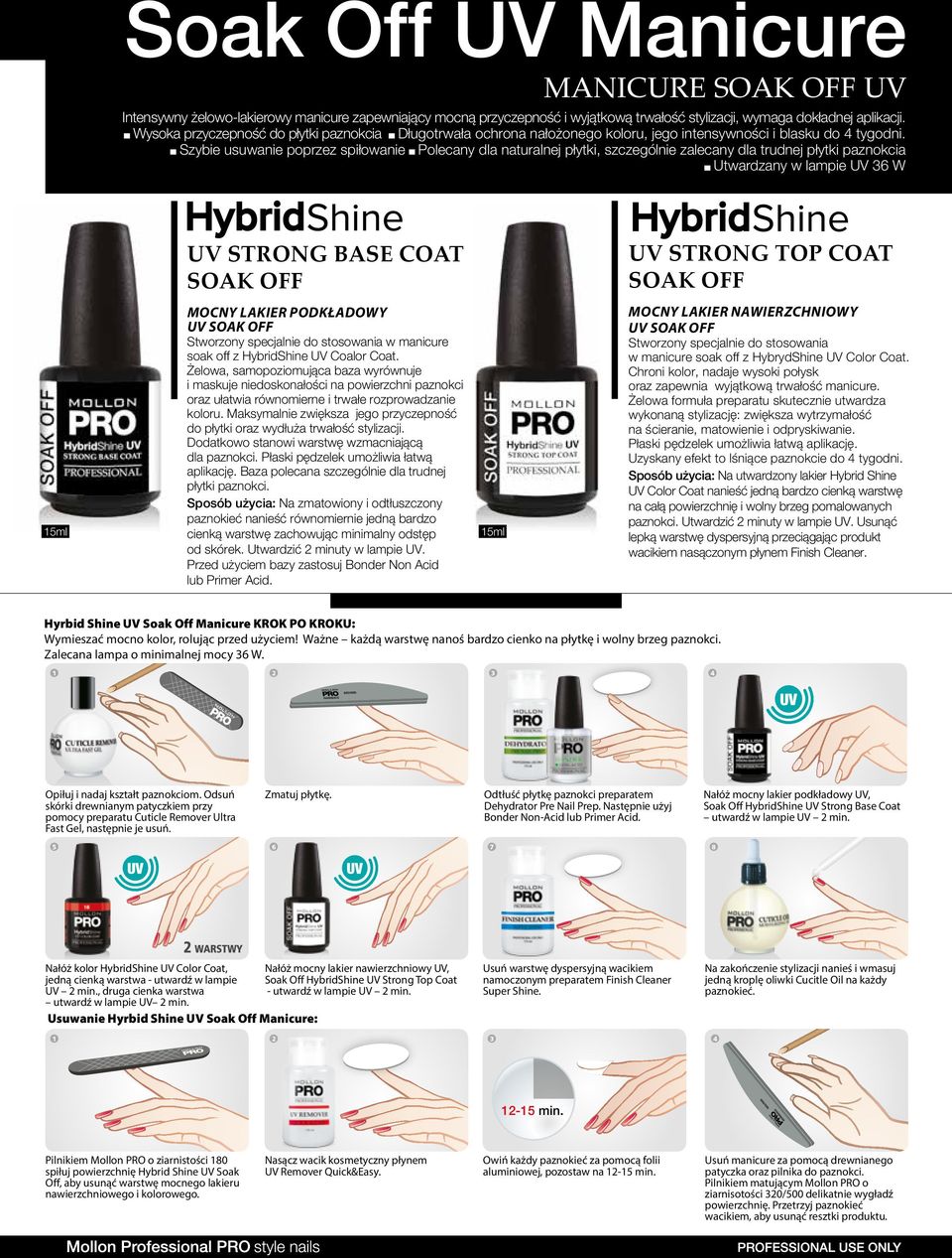 Szybie usuwanie poprzez spiłowanie Polecany dla naturalnej płytki, szczególnie zalecany dla trudnej płytki paznokcia Utwardzany w lampie UV 36 W UV STRONG BASE COAT SOAK OFF UV STRONG TOP COAT SOAK