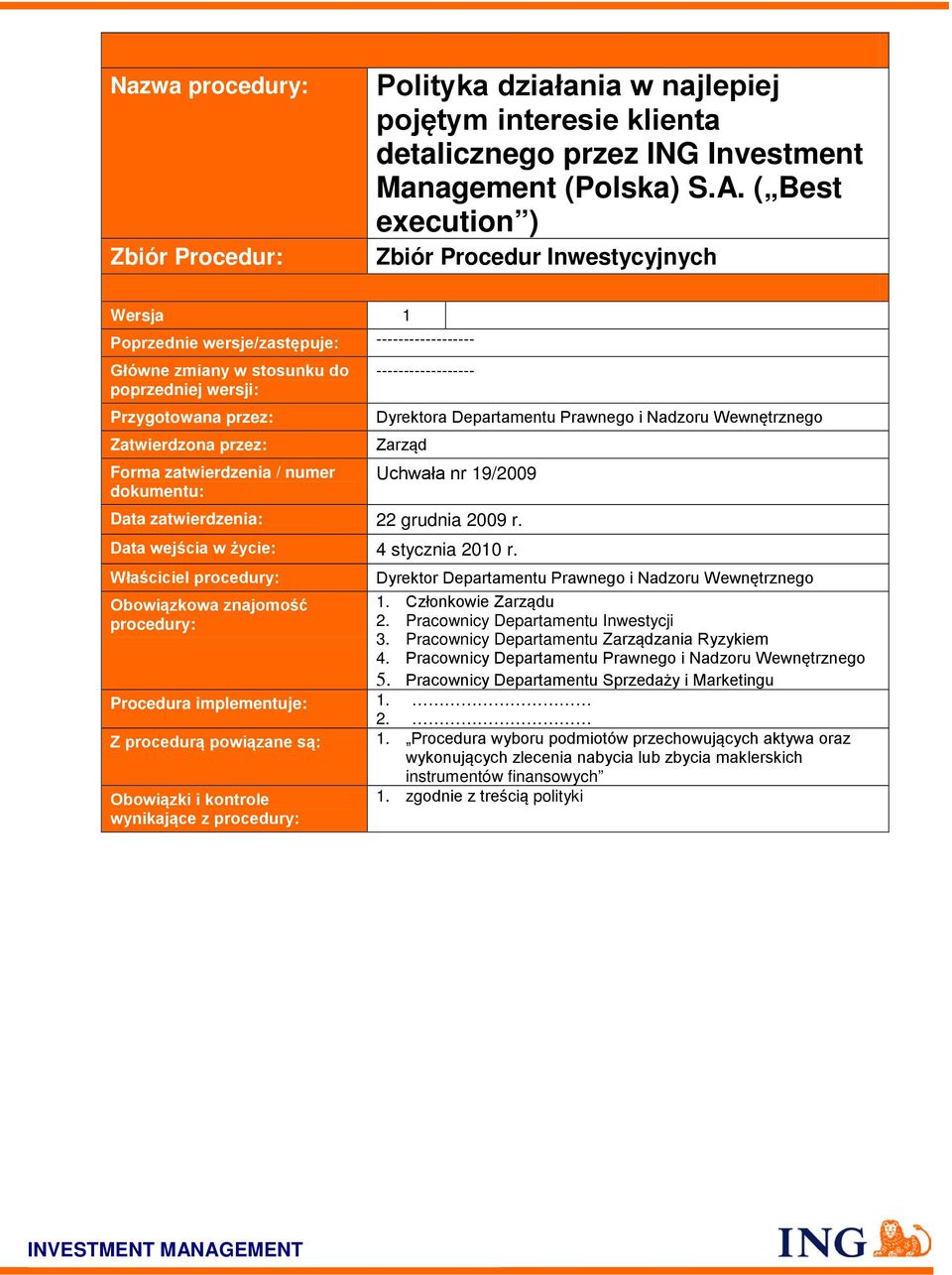 zatwierdzenia / numer dokumentu: ------------------ Dyrektora Departamentu Prawnego i Nadzoru Wewnętrznego Zarząd Uchwała nr 19/2009 Data zatwierdzenia: 22 grudnia 2009 r.