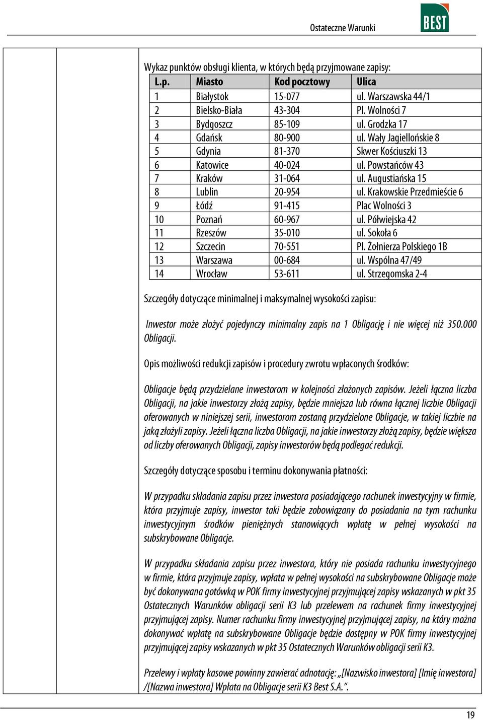 Krakowskie Przedmieście 6 9 Łódź 91-415 Plac Wolności 3 10 Poznań 60-967 ul. Półwiejska 42 11 Rzeszów 35-010 ul. Sokoła 6 12 Szczecin 70-551 Pl. Żołnierza Polskiego 1B 13 Warszawa 00-684 ul.