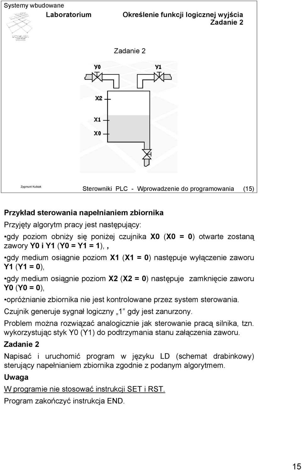 następuje zamknięcie zaworu Y (Y = ), opróżnianie zbiornika nie jest kontrolowane przez system sterowania. Czujnik generuje sygnał logiczny gdy jest zanurzony.
