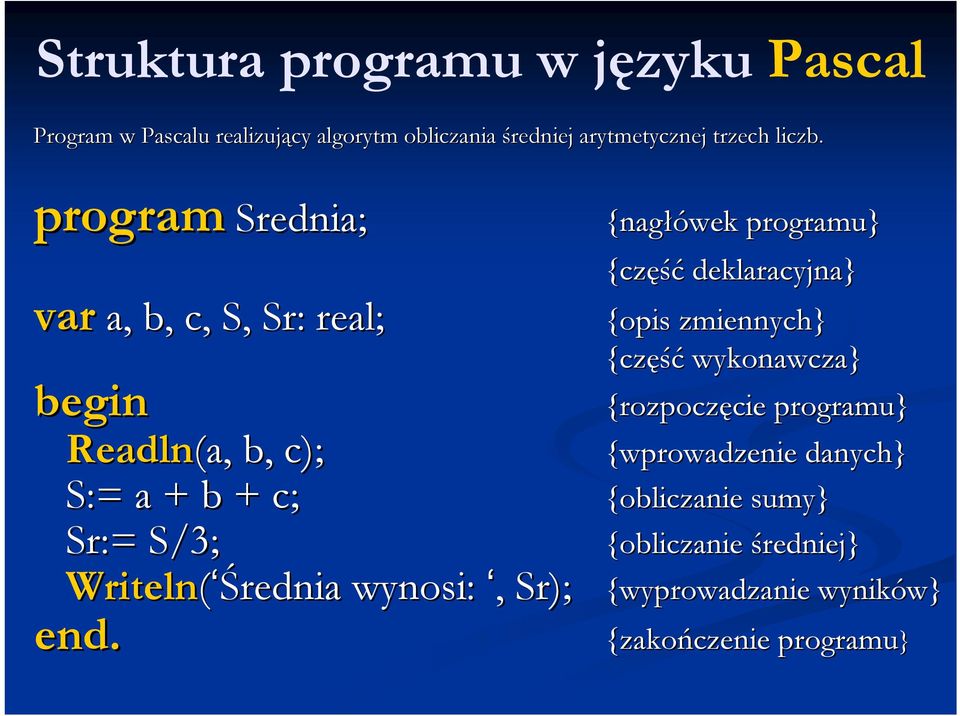 wykonawcza} {rozpoczęcie cie programu} Readln(a (a,, b, c); {wprowadzenie danych} S:= a + b + c; {obliczanie sumy} Sr:= S/3;