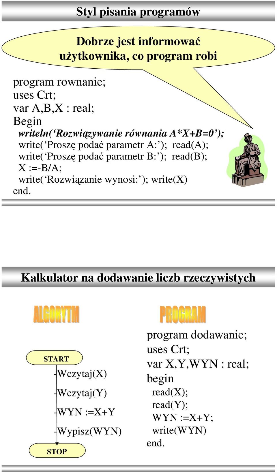 ); read(b); X :=-B/A; write( Rozwiązanie wynosi: ); write(x) Kalkulator na dodawanie liczb rzeczywistych START