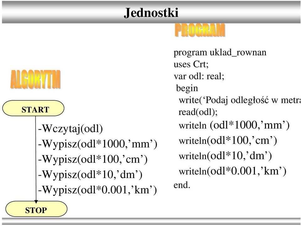 001, km ) program uklad_rownan var odl: real; write( Podaj odległość w