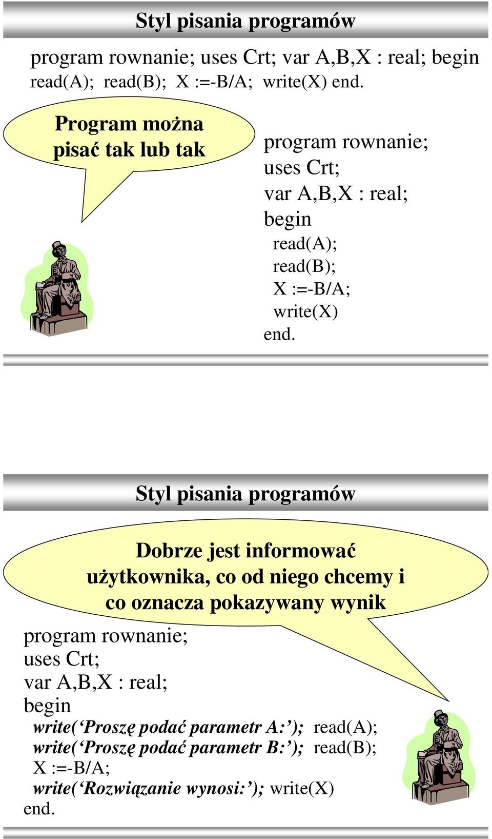 informować użytkownika, co od niego chcemy i co oznacza pokazywany wynik program rownanie; var A,B,X : real; write(