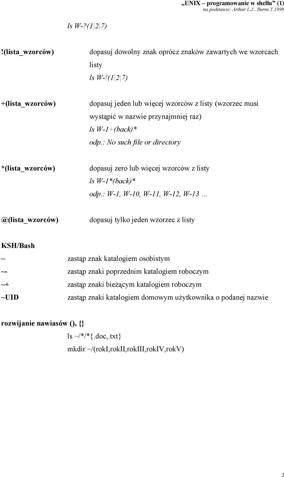 : No such file or directory *(lista_wzorców) dopasuj zero lub więcej wzorców z listy ls W-1*(back)* odp.