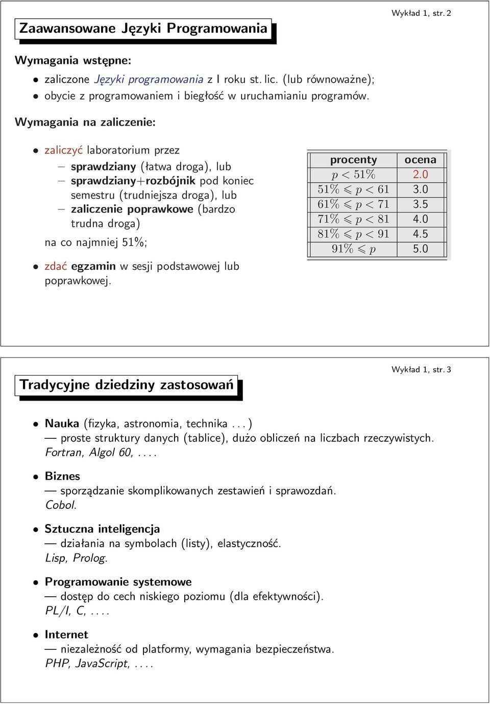 najmniej 51%; zdać egzamin w sesji podstawowej lub poprawkowej. procenty ocena p<51% 2.0 51% p<61 3.0 61% p<71 3.5 71% p<81 4.0 81% p<91 4.5 91% p 5.0 Tradycyjne dziedziny zastosowań Wykład1,str.