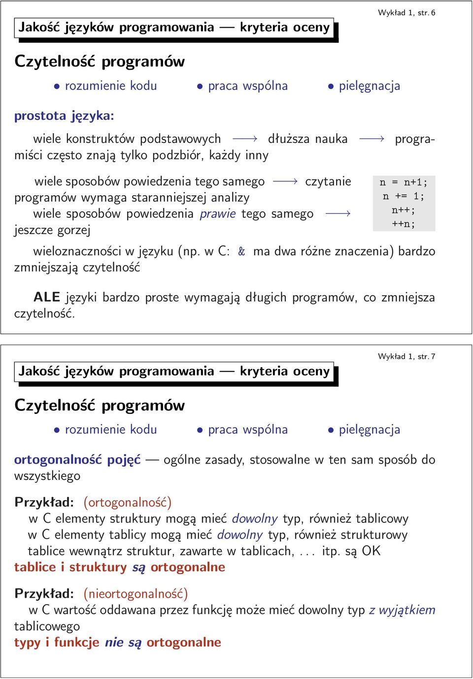 czytanie programów wymaga staranniejszej analizy wiele sposobów powiedzenia prawie tego samego jeszcze gorzej n=n+1; n+=1; n++; ++n; wieloznaczności w języku(np.