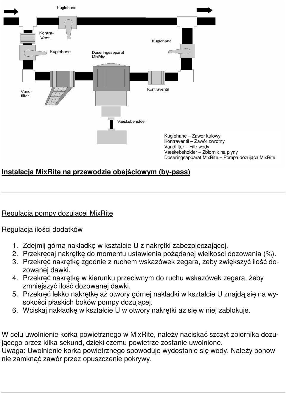 (by-pass) Regulacja pompy dozującej MixRite Regulacja ilości dodatków 1. Zdejmij górną nakładkę w kształcie U z nakrętki zabezpieczającej. 2.