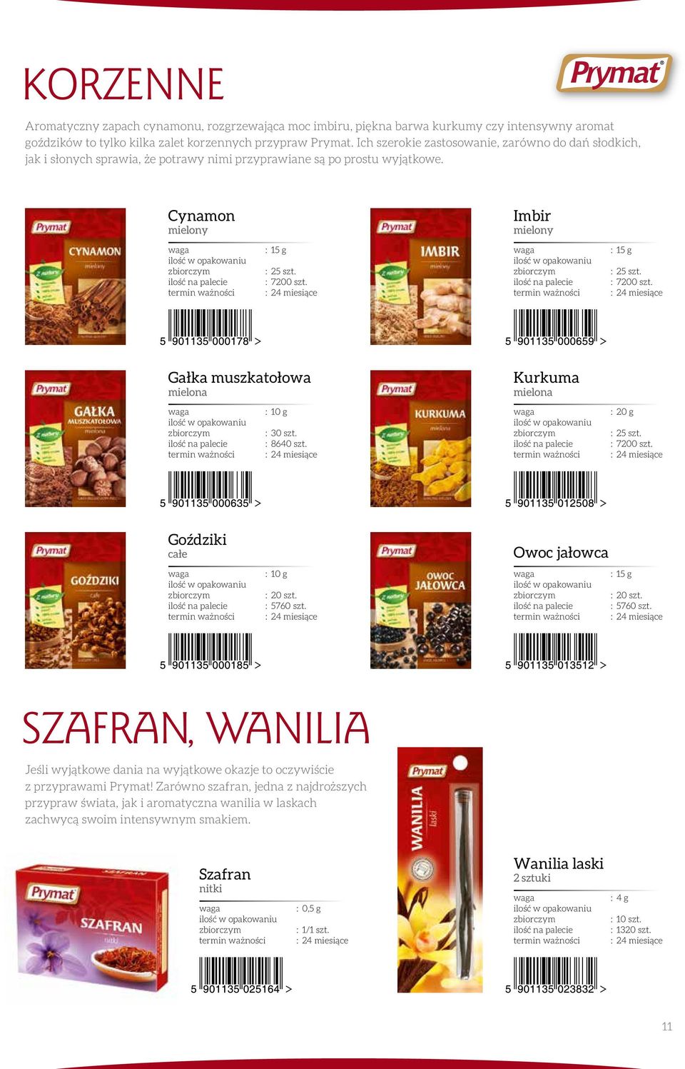 Cynamon mielony Imbir mielony : 15 g : 15 g Gałka muszkatołowa mielona Kurkuma mielona : 10 g : 30 szt. : 8640 szt. Goździki całe : 10 g : 5760 szt. Owoc jałowca : 15 g : 5760 szt.