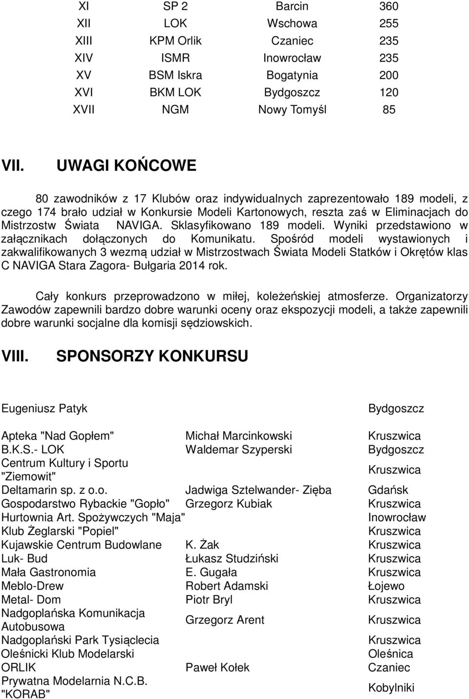 Sklasyfikowano 189 modeli. Wyniki przedstawiono w załącznikach dołączonych do Komunikatu.