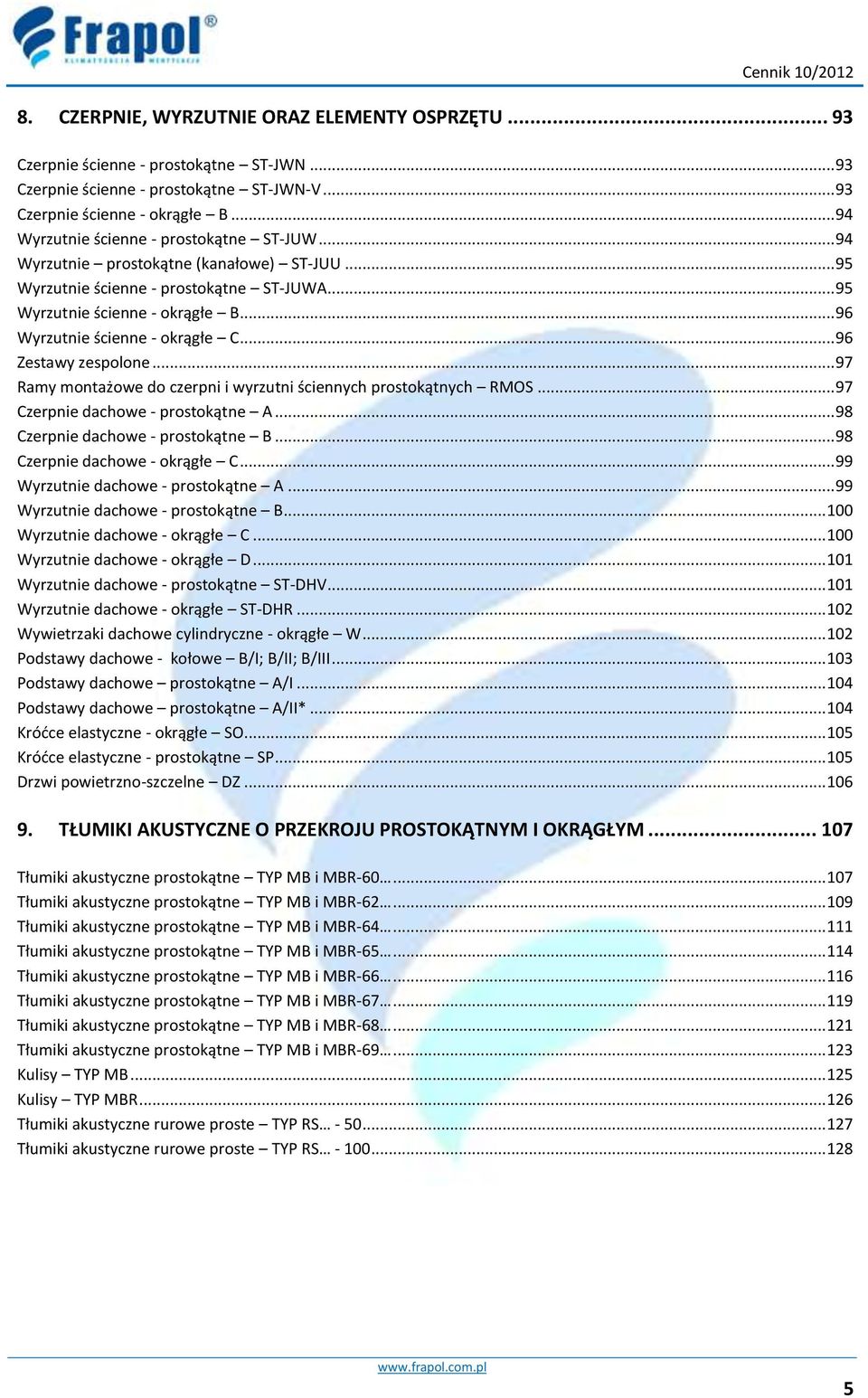 .. 96 Wyrzutnie ścienne - okrągłe C... 96 Zestawy zespolone... 97 Ramy montażowe do czerpni i wyrzutni ściennych prostokątnych RMOS... 97 Czerpnie dachowe - prostokątne A.