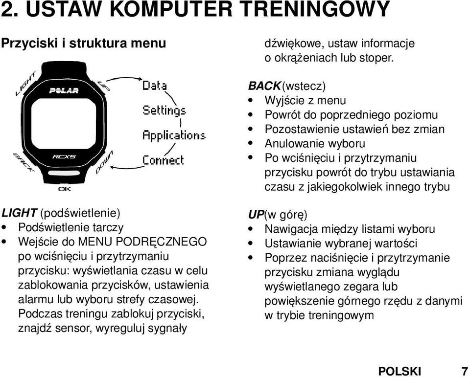 innego trybu LIGHT (podświetlenie) Podświetlenie tarczy Wejście do MENU PODRĘCZNEGO po wciśnięciu i przytrzymaniu przycisku: wyświetlania czasu w celu zablokowania przycisków, ustawienia alarmu lub