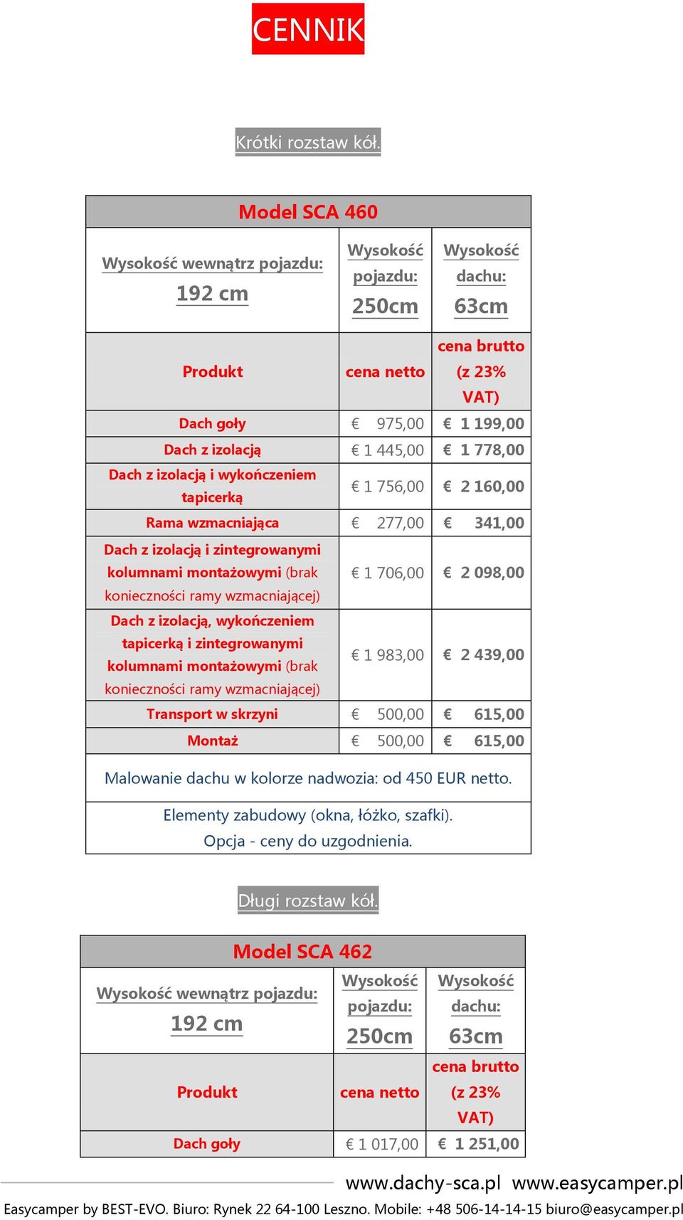 Dach z izolacją i wykończeniem tapicerką 1 756,00 2 160,00 Rama wzmacniająca 277,00 341,00 Dach z izolacją i zintegrowanymi kolumnami montażowymi (brak 1 706,00 2 098,00 konieczności ramy