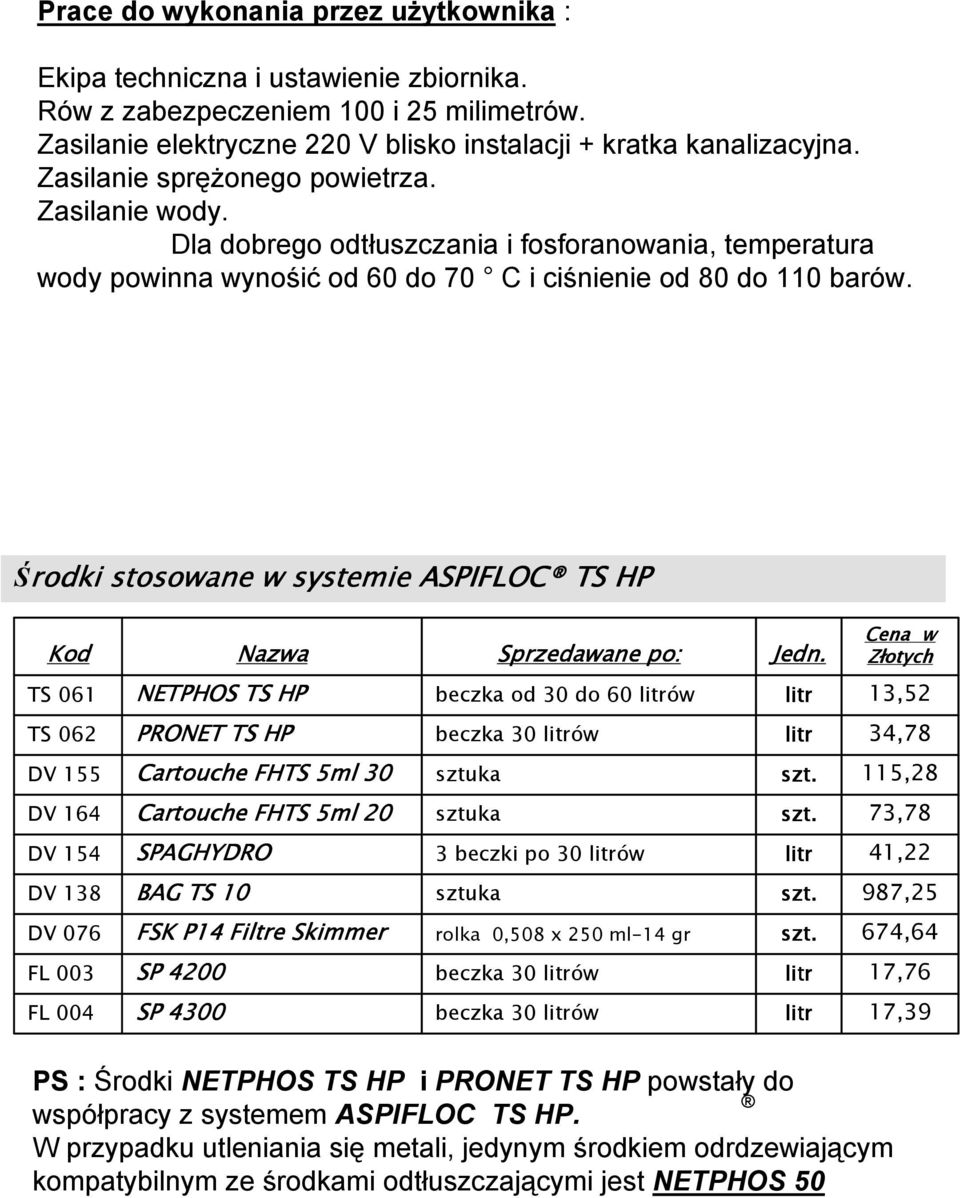 Środki stosowane w systemie ASPIFLOC TS HP Kod Nazwa Sprzedawane po: Jedn.