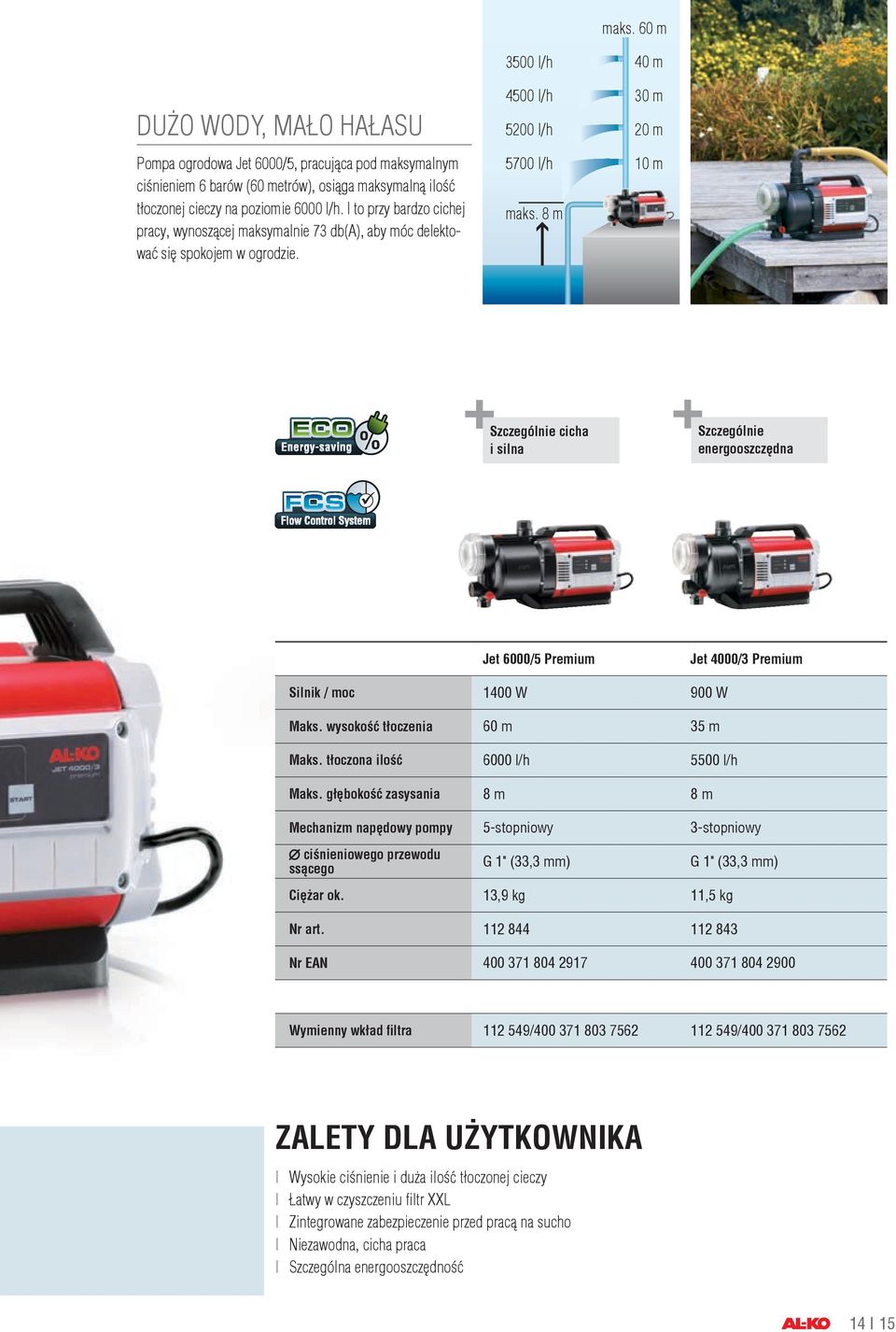 8 m 40 m 30 m 20 m 10 m Szczególnie cicha i silna Szczególnie energooszczędna Jet 6000/5 Premium Jet 4000/3 Premium Silnik / moc 1400 W 900 W Maks. wysokość tłoczenia 60 m 35 m Maks.
