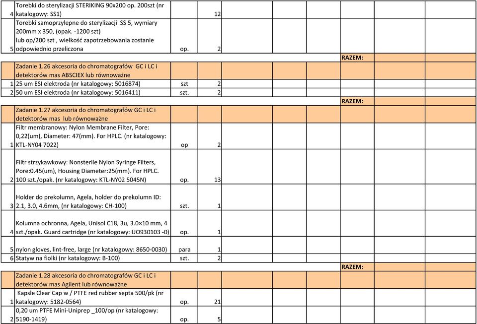 26 akcesoria do chromatografów GC i LC i detektorów mas ABSCIEX lub 1 25 um ESI elektroda (nr katalogowy: 5016874) szt 2 2 50 um ESI elektroda (nr katalogowy: 5016411) szt. 2 Zadanie 1.