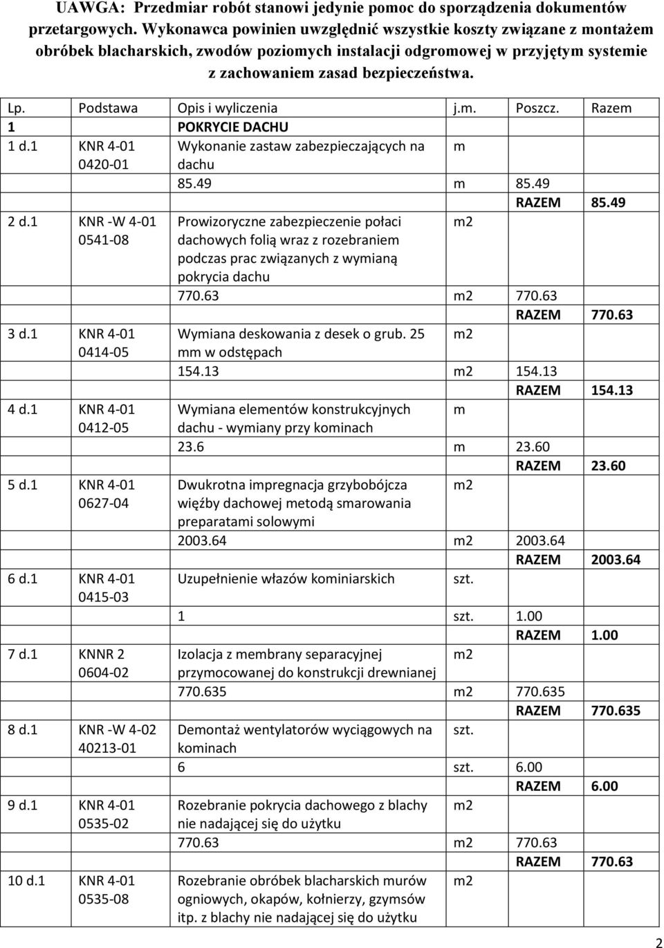 Podstawa Opis i wyliczenia j.m. Poszcz. Razem 1 POKRYCIE DACHU 1 d.1 KNR 4-01 Wykonanie zastaw zabezpieczających na m 0420-01 dachu 85.49 m 85.49 RAZEM 85.49 2 d.