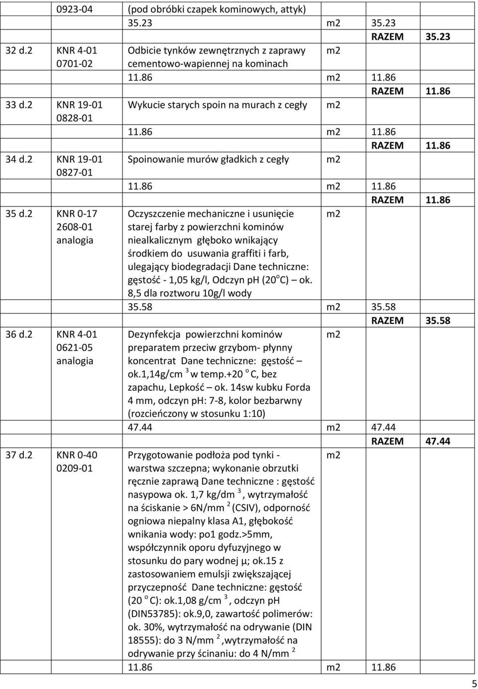 23 Odbicie tynków zewnętrznych z zaprawy m2 cementowo-wapiennej na kominach Wykucie starych spoin na murach z cegły m2 Spoinowanie murów gładkich z cegły m2 Oczyszczenie mechaniczne i usunięcie m2
