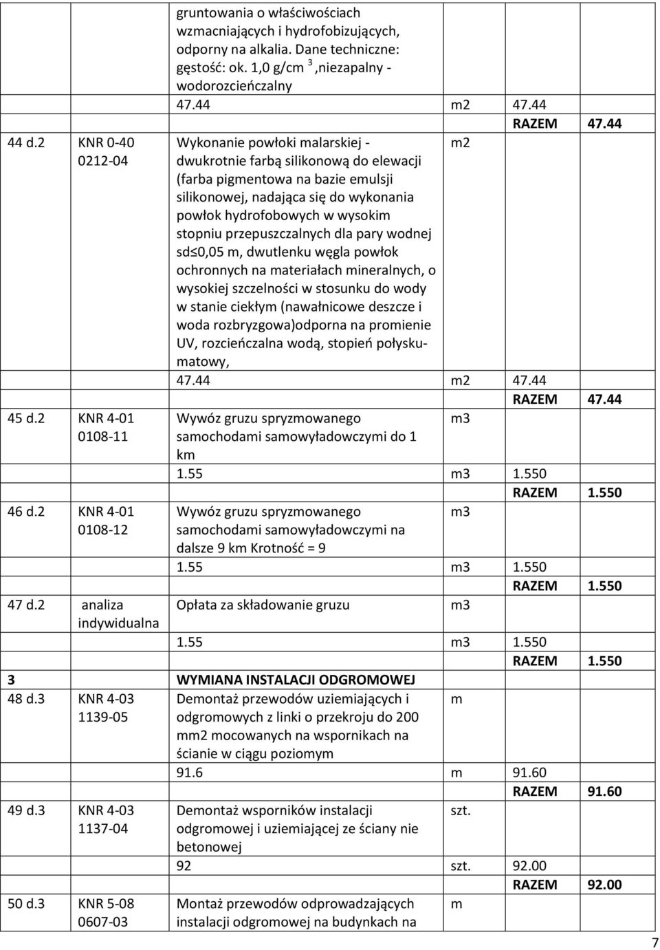 1,0 g/cm 3,niezapalny - wodorozcieńczalny Wykonanie powłoki malarskiej - m2 dwukrotnie farbą silikonową do elewacji (farba pigmentowa na bazie emulsji silikonowej, nadająca się do wykonania powłok