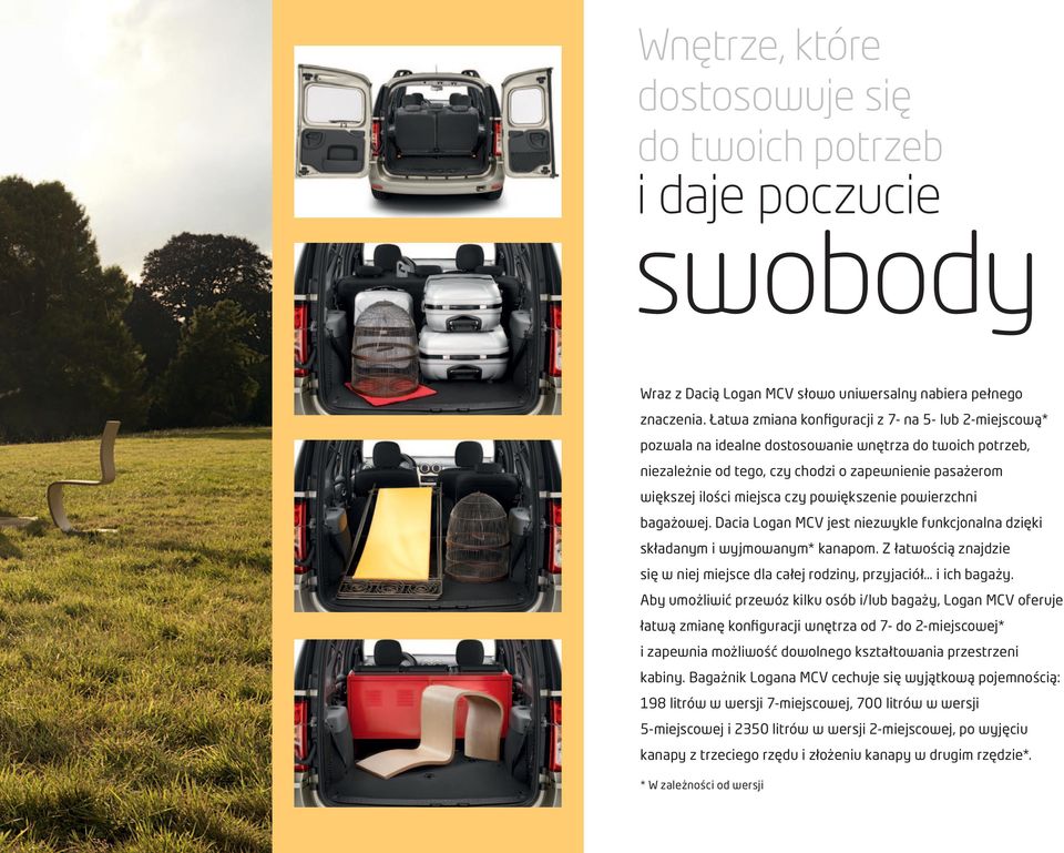 powiększenie powierzchni bagażowej. Dacia Logan MCV jest niezwykle funkcjonalna dzięki składanym i wyjmowanym* kanapom.