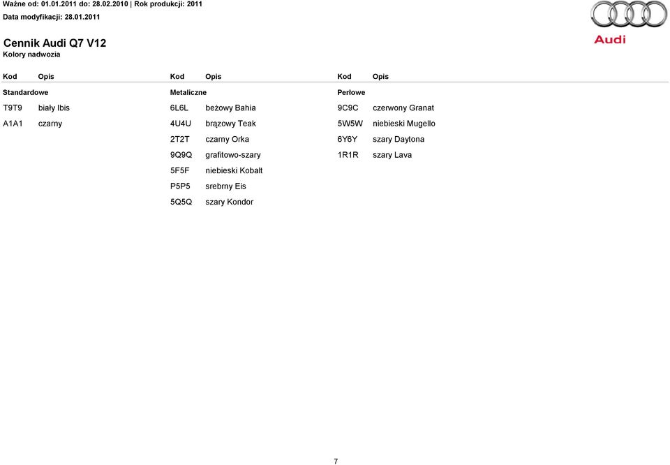 Teak 5W5W niebieski Mugello 2T2T czarny Orka 6Y6Y szary Daytona 9Q9Q