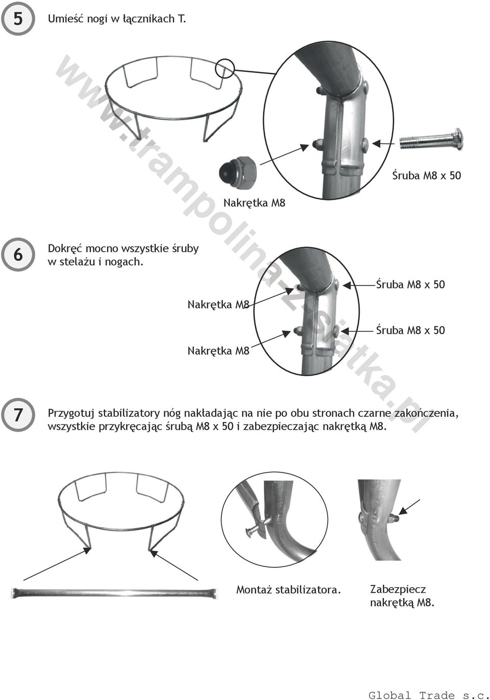 Nakrętka M8 Śruba M8 x 50 Śruba M8 x 50 Nakrętka M8 7 Przygotuj stabilizatory nóg