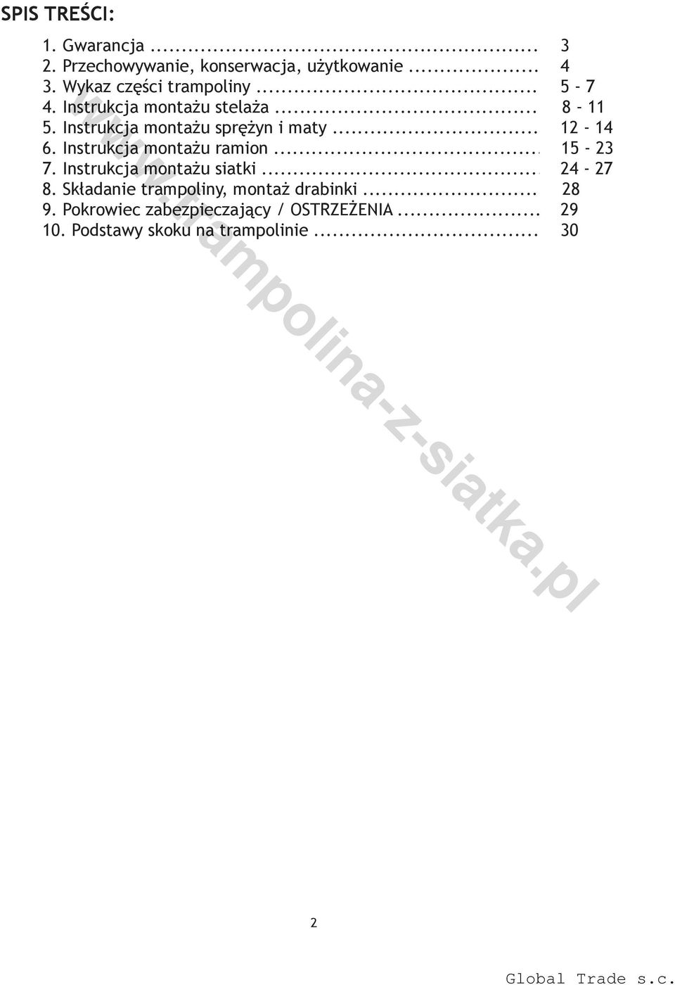 Instrukcja montażu sprężyn i maty... 12-14 6. Instrukcja montażu ramion... 15-23 7.