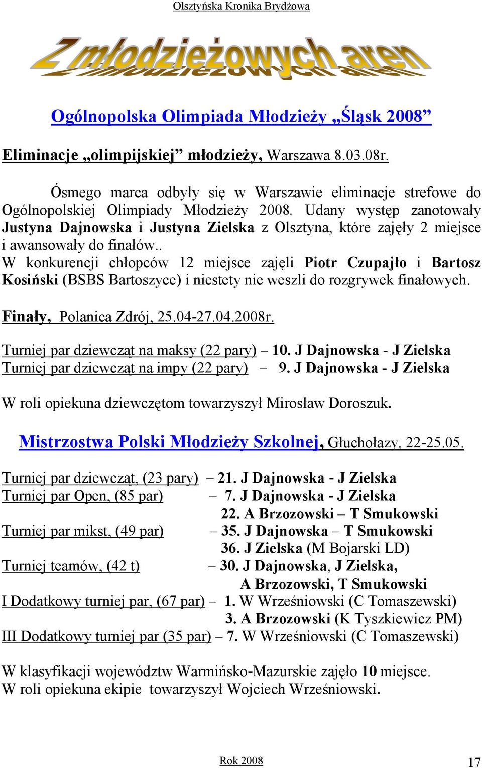 . W konkurencji chłopców 12 miejsce zajęli Piotr Czupajło i Bartosz Kosiński (BSBS Bartoszyce) i niestety nie weszli do rozgrywek finałowych. Finały, Polanica Zdrój, 25.04-27.04.2008r.
