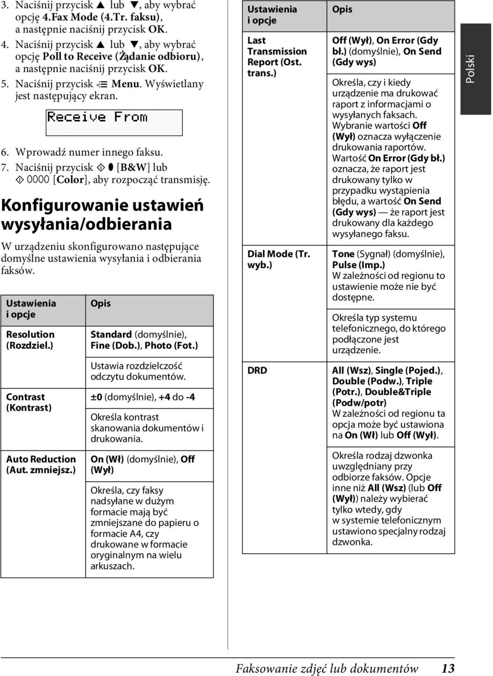Konfigurowanie ustawień wysyłania/odbierania W urządzeniu skonfigurowano następujące domyślne ustawienia wysyłania i odbierania faksów. Ustawienia i opcje Resolution (Rozdziel.
