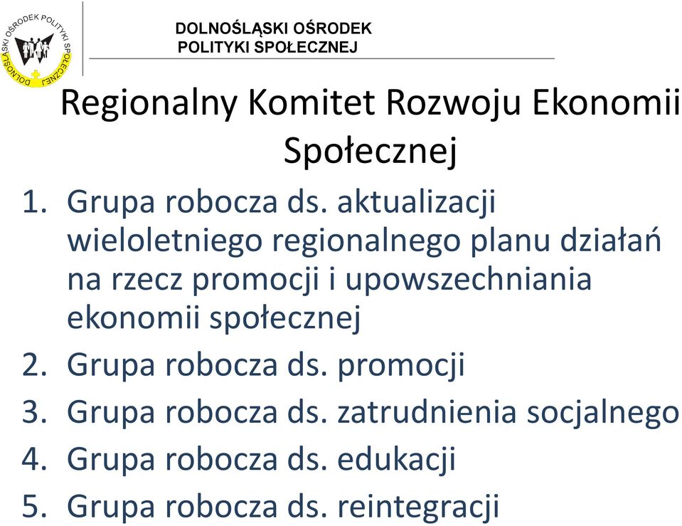 upowszechniania ekonomii społecznej 2. Grupa robocza ds. promocji 3.