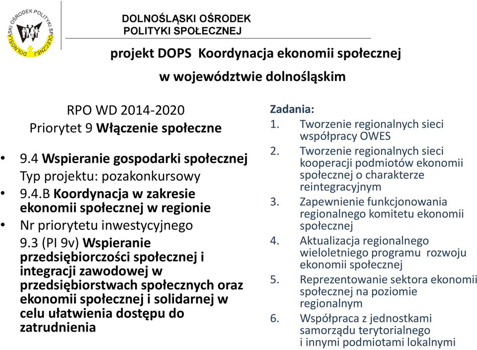 Tworzenie regionalnych sieci współpracy OWES 2. Tworzenie regionalnych sieci kooperacji podmiotów ekonomii społecznej o charakterze reintegracyjnym 3.