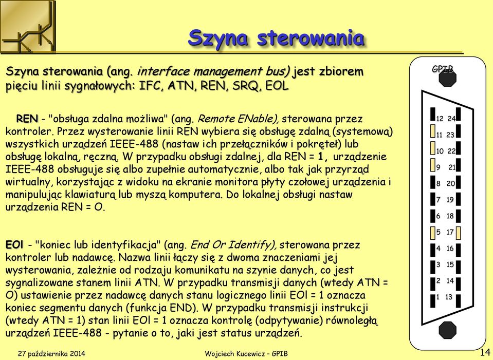 Przez wysterowanie linii REN wybiera się obsługę zdalną (systemową) wszystkich urządzeń IEEE-488 (nastaw ich przełączników i pokręteł) lub obsługę lokalną, ręczną.